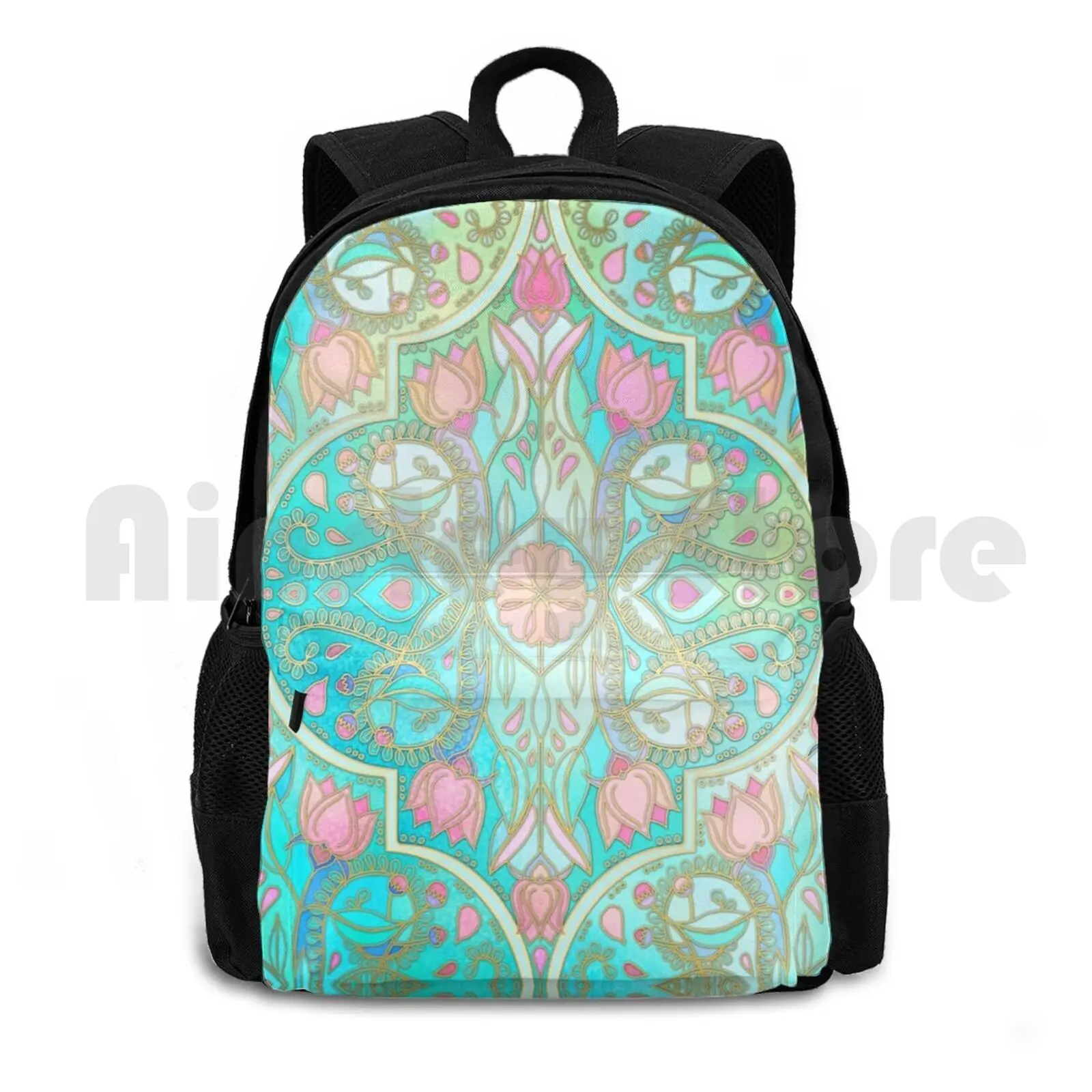 

Цветочный марокканский весенний пастельный рюкзак Aqua, Pink, Mint & Peach, уличный походный рюкзак для верховой езды, скалолазания, спортивная сумка с узором розового цвета