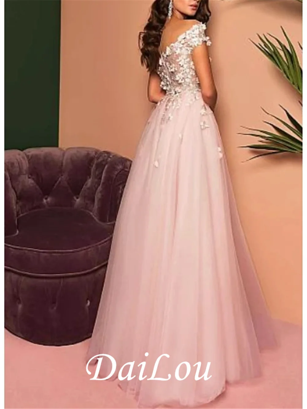 A-Line Open Back Prom Dress Off Shoulder Short Sleeve Floor Length Lace Tulle with Pleats Appliques 2021