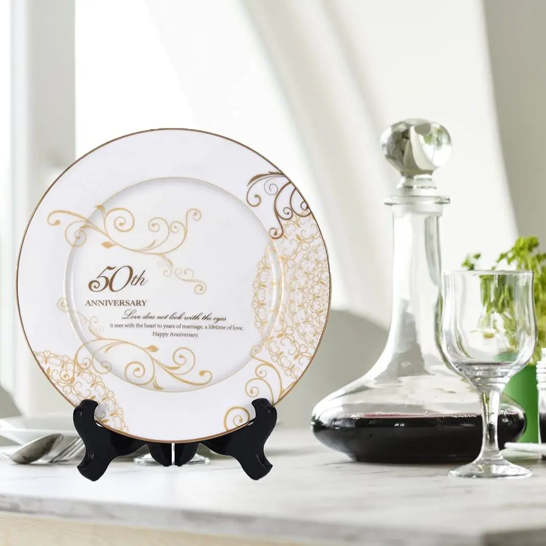 50th Wedding Anniversary Plate Anniversary Wedding Gift For Parents Couple 9 Inch Gold Rim Porcelain Decorative Plate With Stand