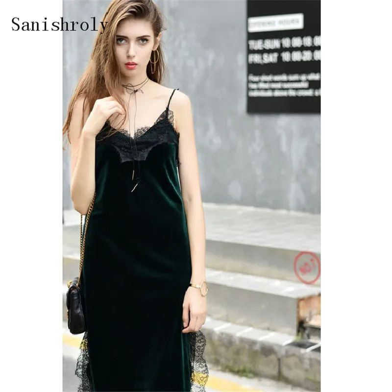 Sexy V-Neck Split Velvet Dress Women Long Spaghetti Strap Dress Eyelash Lace Dresses Female Autumn Winter Bottoming Vestidos