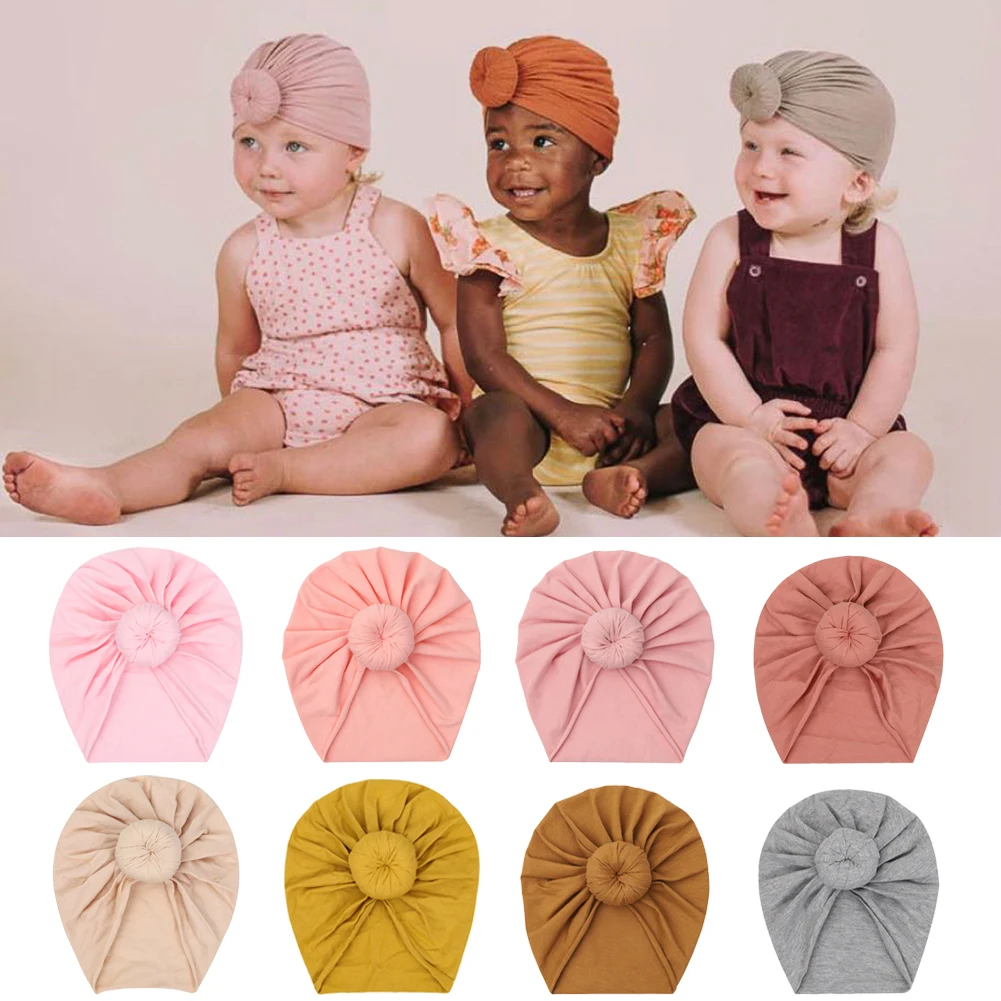 Solid Cotton Donuts Baby Boy Girls Cap Hat 0-4T Sweet Newborn Skullies Beanies Soft Turban India Topknot Headwraps Accessories