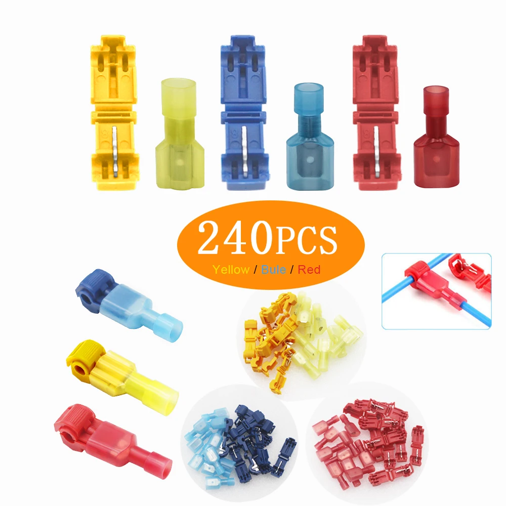 

240 PCS T Tap Electrical Yellow, Red Blue Electrical Connectors Quick Wire Splice Taps and Insulated Male Quick Disconnect Term