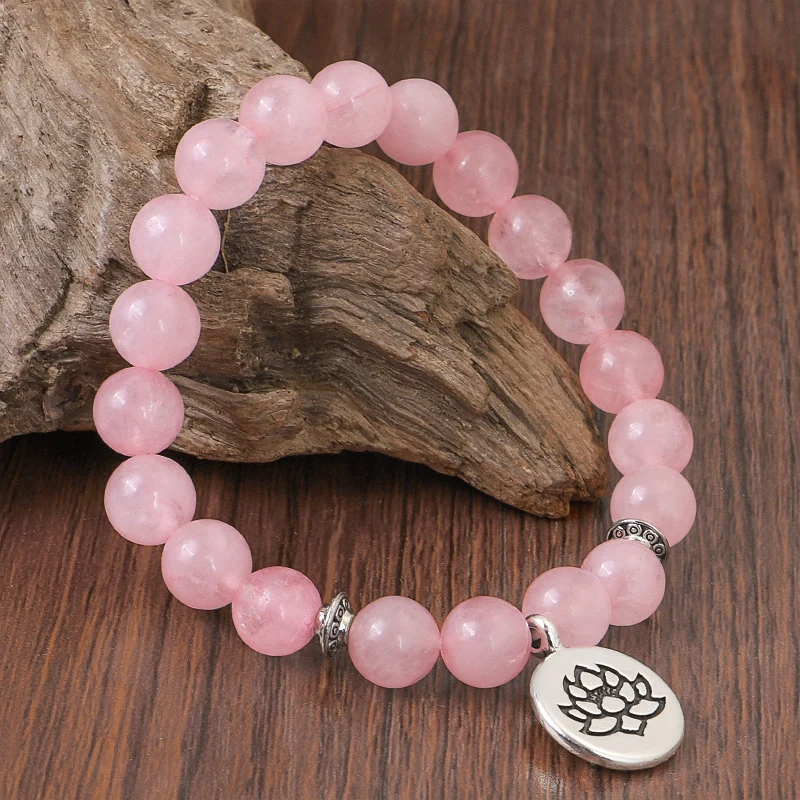 Pulsera de cristal Rosa Natural para mujer, brazalete curativo de Biddha, cuentas de Mala, piedra de loto, pulsera de Yoga, joyería de Chakra