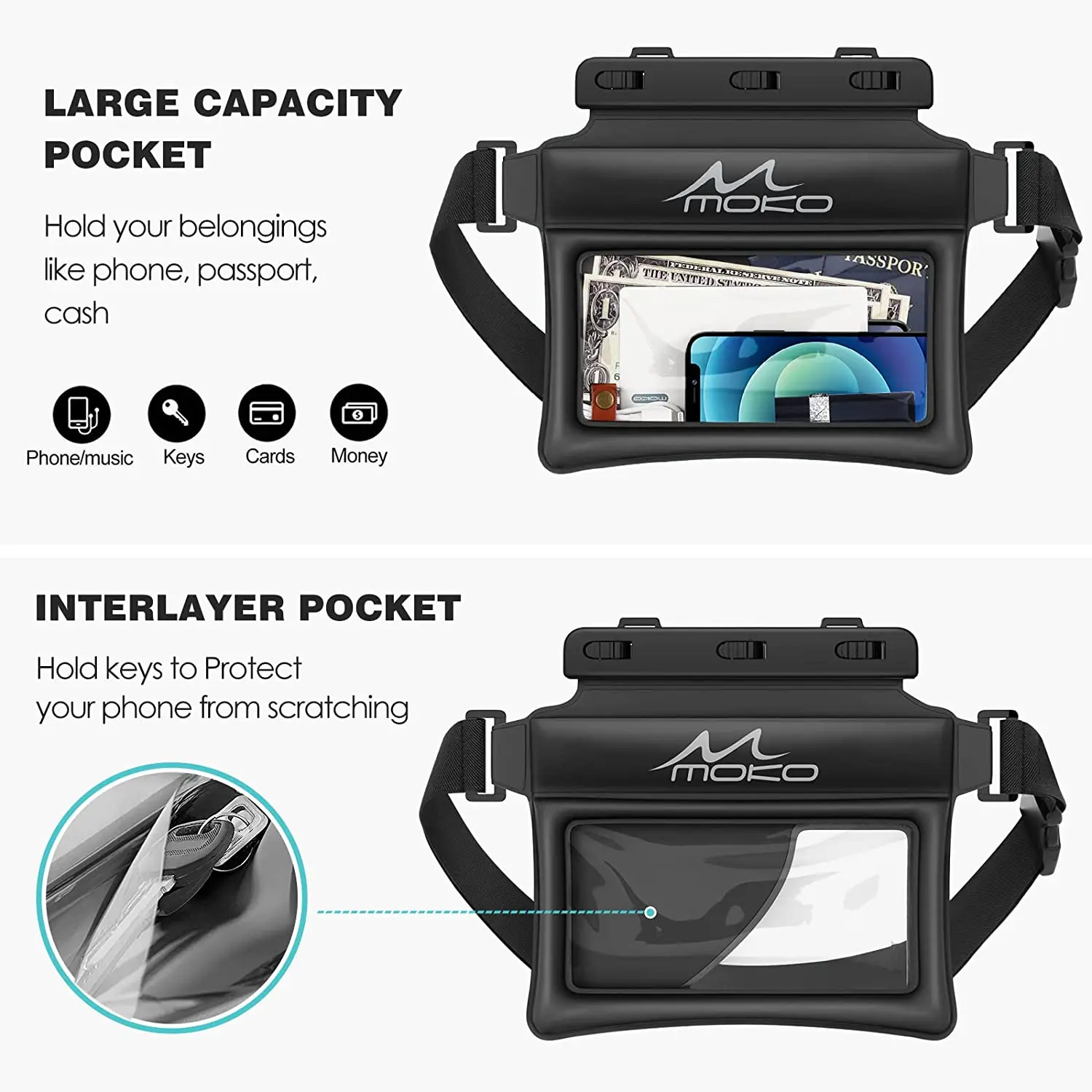 MoKo-Bolsa de telefone impermeável Fanny Pack Flutuante Saco seco Saco de cintura de natação Mergulho subaquático para iPhone 13 13 Pro Max