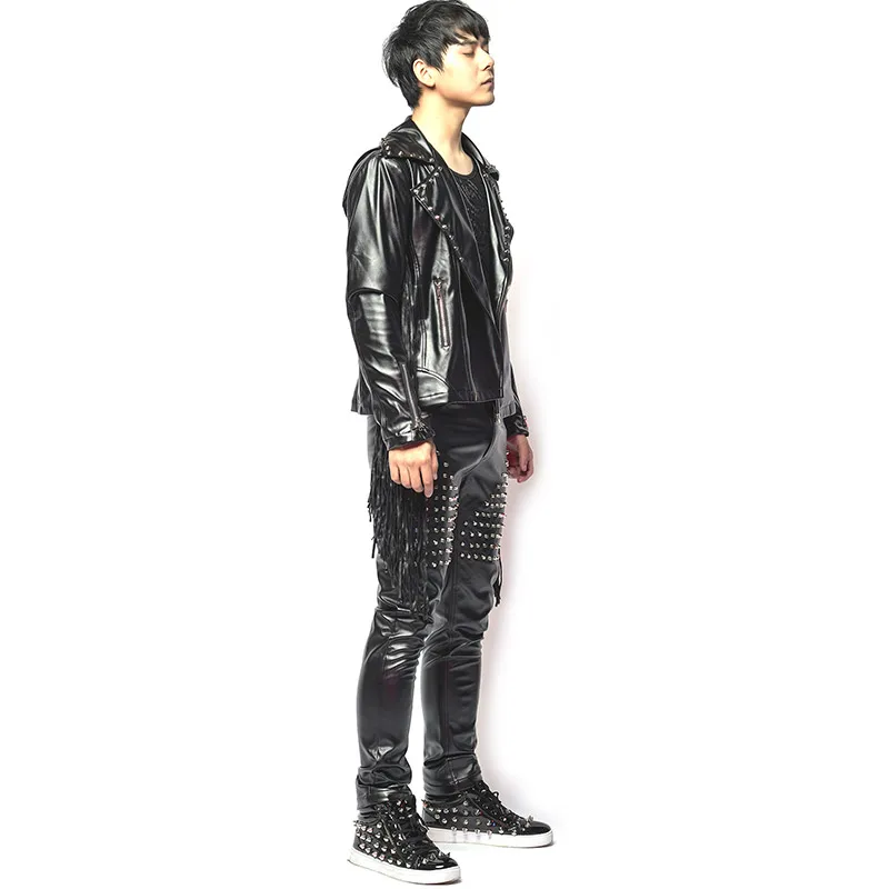 Zwart lederen rits kwastje jas vest klinknagel broek 3-delige set mannelijke drummer rap zanger hiphop rock stage performance kostuum - afbeelding 2