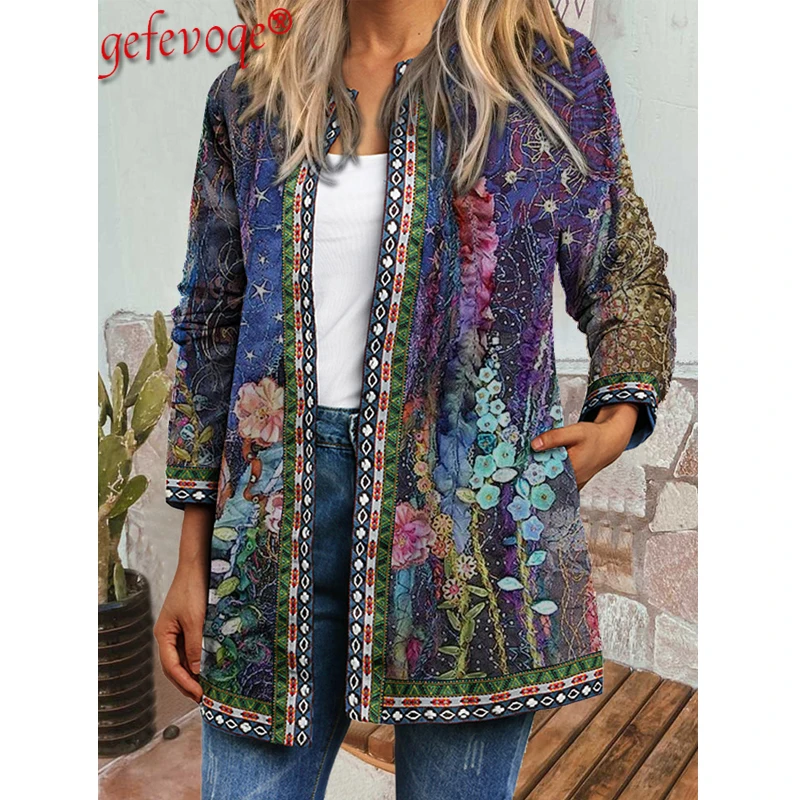 Y2K Autumn Winter Vintage Ethnic Style Cardigan Long Sleeve Printed Jackets Ladies Loose Outerwear Coat Harajuku Chic Tops Women