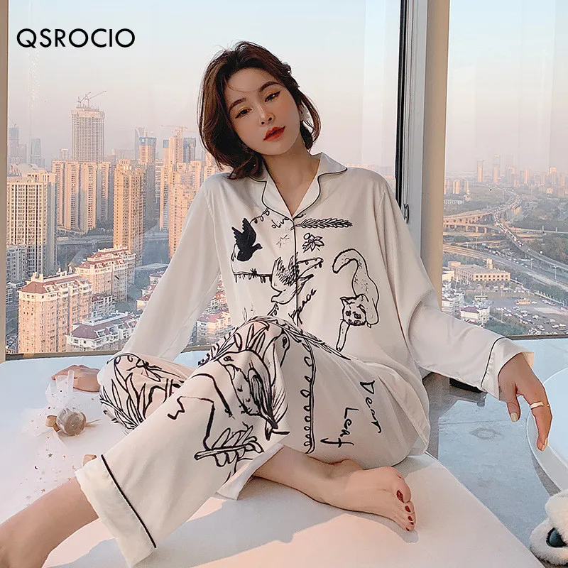 QSROCIO High Quality Women's Pajamas Set Luxury Style Fashion Animals Graffiti Sleepwear Silk Like Leisure Homewear Nightwear