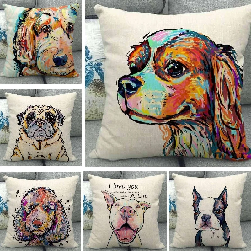 Bulldog Pugs Patterns Linen Cushion Cover Bull Terrier Dog Style Home Decoration Living Room Sofa Throw Pillows Case 45x45cm