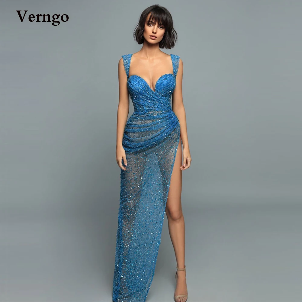 Verngo Glitter Blue Long Prom Dresses Sweetheart Straps High Side Slit Sexy Evening Party Gowns 2022 Fashion Robe de soiree