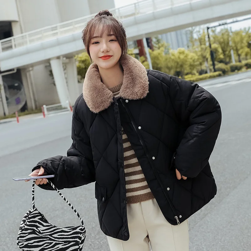 New winter coat women's coat women's warmth fashion big fur collar coat short thick parka coat Korean loose diamond check coat