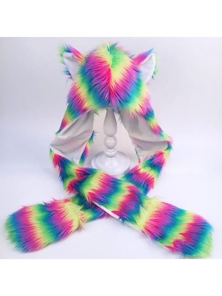 Frauen Regenbogen Streifen Pelzigen Tier Hoodie Flauschigen Plüsch Ohren Pfoten 3 In 1 Multifunktionale Earflap Schal Handschuhe ohrenschützer – Detail 14