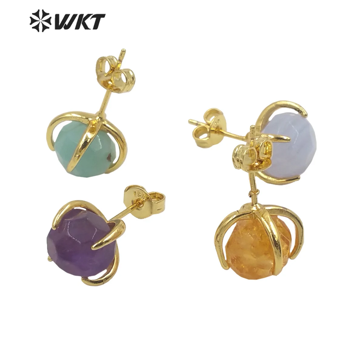 WT-E646 Wholesale fashion gold plated prong Setting natural faceted stone studs OL style elegant natural gem stone earrings