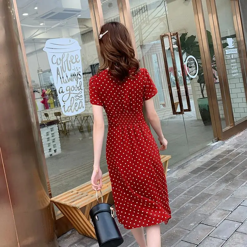 여름 레드 폴카 도트 드레스 소녀의 복고풍 중간 길이 여성 드레스 vestido de mujer femme robe