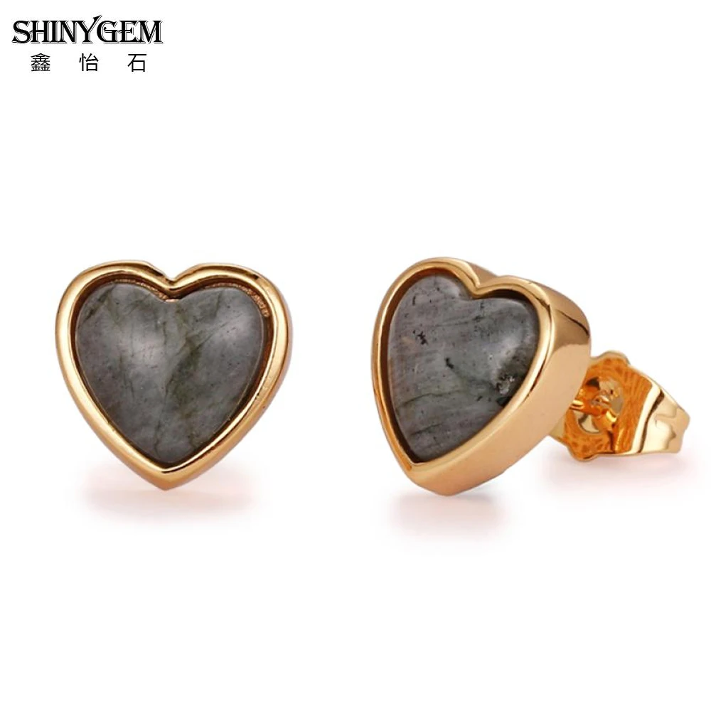 ShinyGem-أقراط كلاسيكية على شكل قلب للنساء ، أقراط من حجر اللابرادوريت الرمادي الداكن ، 12 × 12 مللي متر ، مجوهرات مطلية بالذهب
