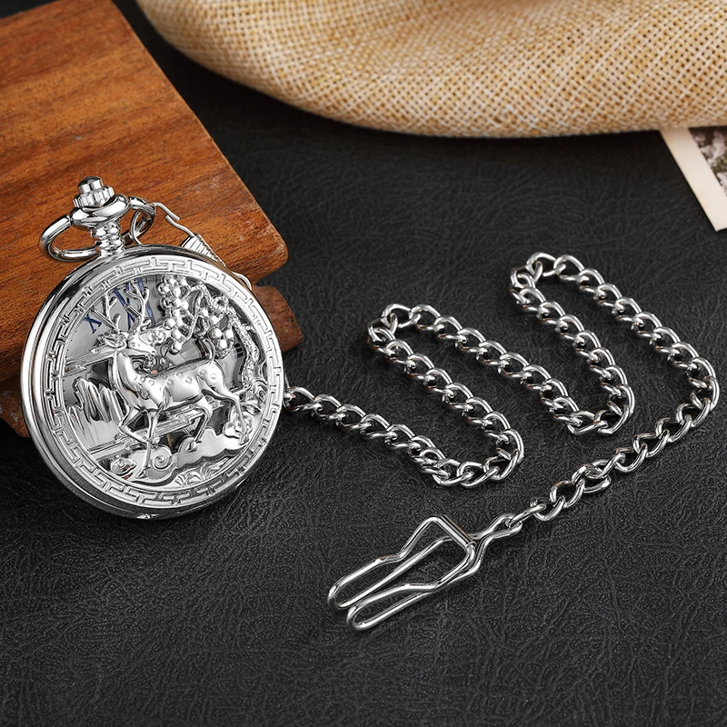 Sliver Deer Mechanical Pocket Watch Male Antique Vintage Hollow Steampunk Skeleton Luxury Engraved Gold Fob Chain Clock for Men