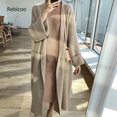 

Autumn Winter Women Coats Loose Knit Cardigan Woolen Sweater Female Middle Long Oversized Extra Soft High-end Knit Cardigan