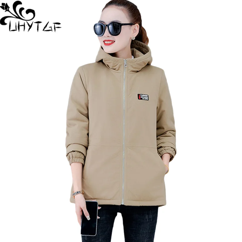 

UHYTGF Lamb Cashmere Spring Cotton Coat Women Hooded Casual Warm Short Jacket Korean 4XL Loose Size Outerwear Parker Female 195