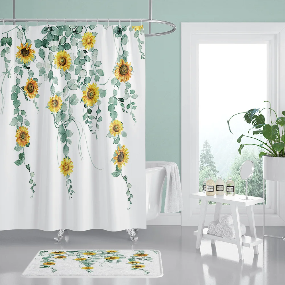 

Nordic Sunflower Shower Curtain Bath Mat Set Carpet Waterproof And Mildewproof Bathing Partition Polyester Bath Accessories