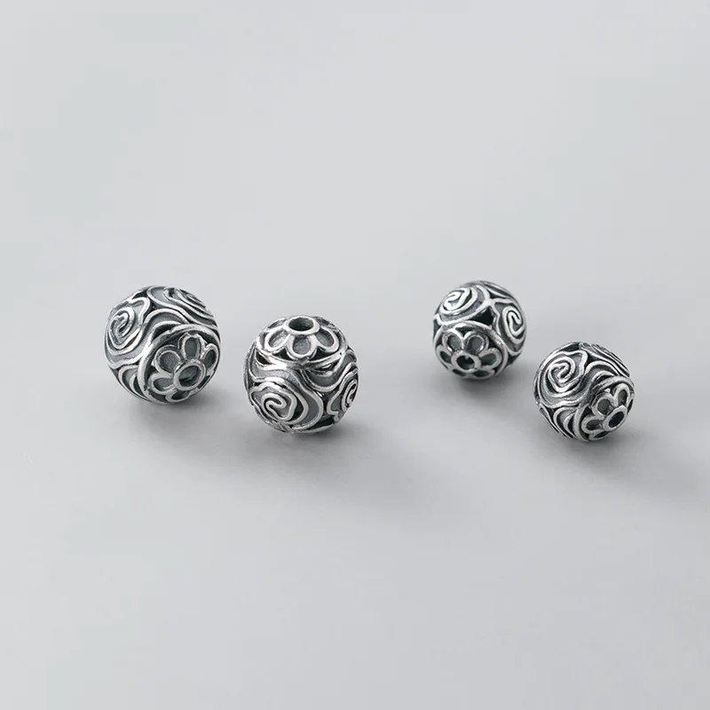 925 Sterling Silver Pretty Hollow Flower Round Loose Beads 10mm 12mm Classic Entire S925 Silver Space Beads DIY Jewelry FIndings