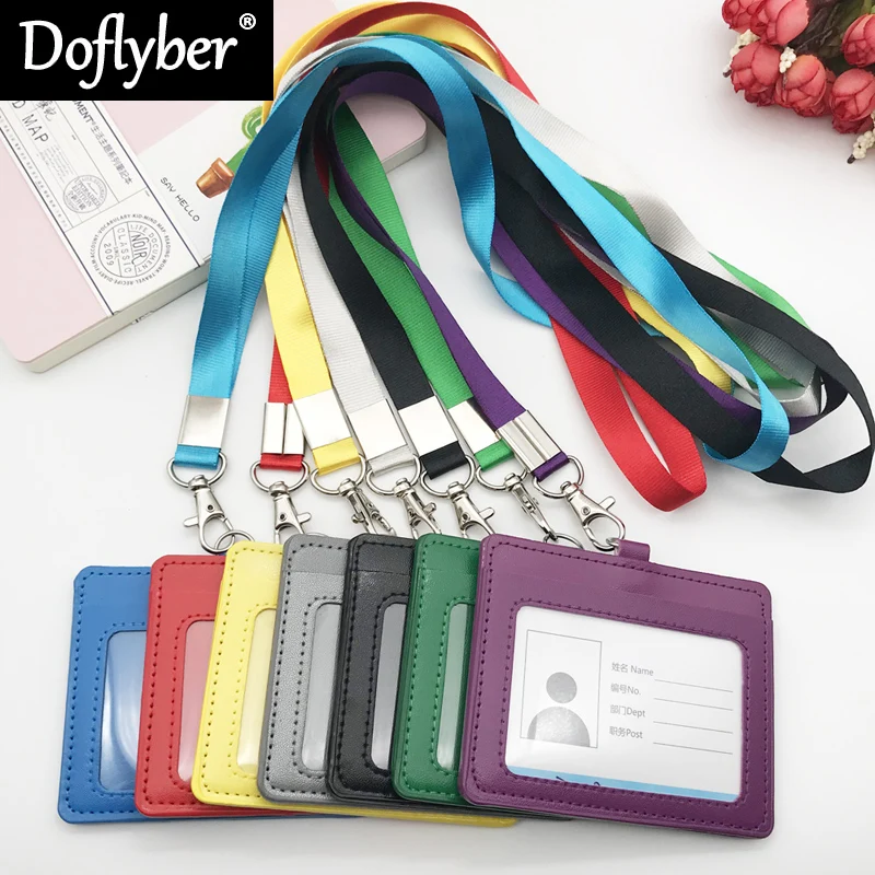 

PU Leather Card Holder with Neck Lanyard Rope Double Card Sleeve ID Badge Case Clear Bank Credit Card Badge Holder Office Supply