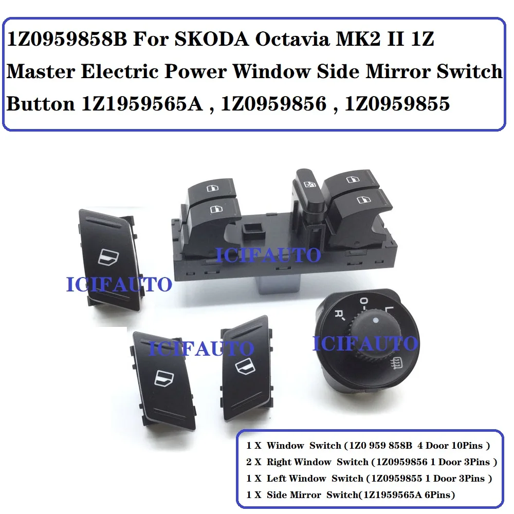 1Z0959858B for Skoda Octavia MK2 II 1Z Master Electric Power Window Side Mirror Switch Button 1Z1959565A , 1Z0959856 , 1Z0959855