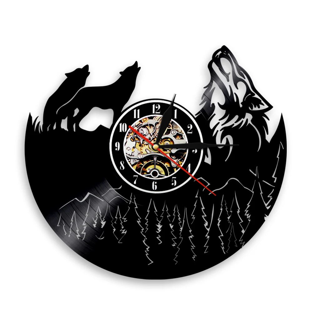 Howling Wolfs At the Moon Wall Clock Modern Design Woodland Wolf Vinyl Record Hanging Silent Wildlife Decor Watch Time Clock