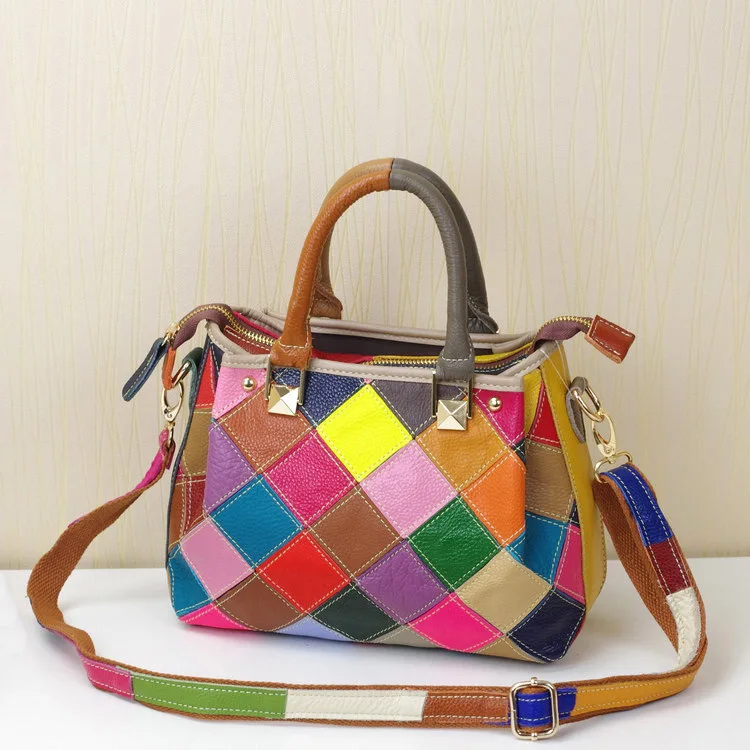 Real Genuine Leather Women's Fashion Colorful random Spliced Handbag Casual Shoulder Messenger bag Female Tote bag 628