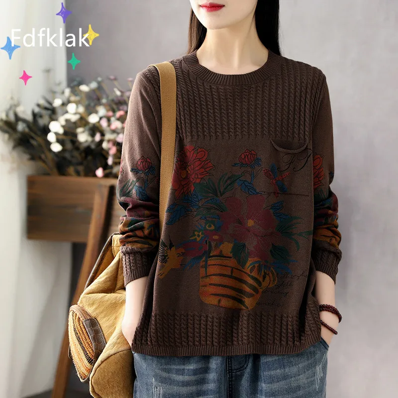 Fdfklak Round Neck Printed Sweater 2021 Spring New Retro 3XL Plus Size Women Clothing Long Sleeved Loose Fashion Jumper Female