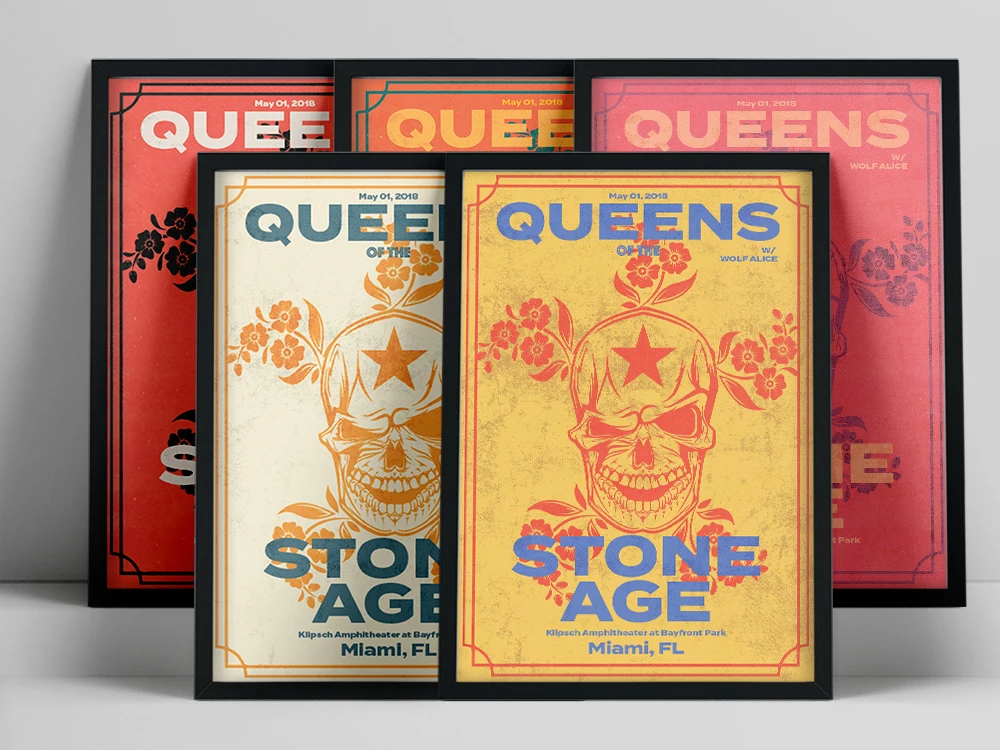 

Queens Of The Stone Age Gig Poster Skulls Flowers Art Poster Retro Colours Canvas Painting Abstract Print Living Room Home Decor