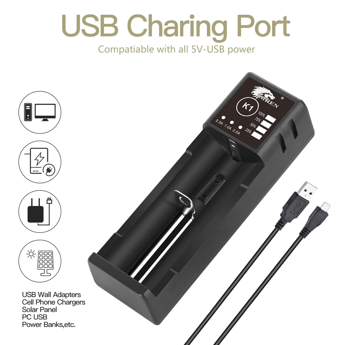 IMREN K1 Baterai Isi Ulang 5V2A USB Charger 14500 16650 17650 18650 26650 21700 18350 AA Lithium AAA NiMH Baterai Ni-cd