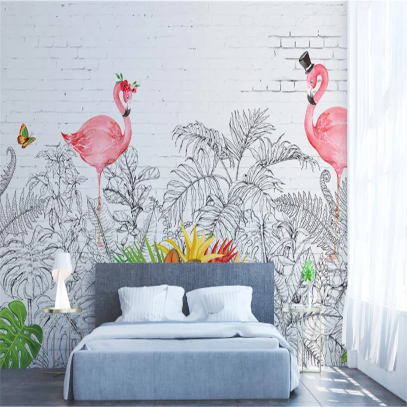 Custom Mural Wallpaper Small Fresh Flamingo Turtle Back Leaf Plant Background Wall Painting