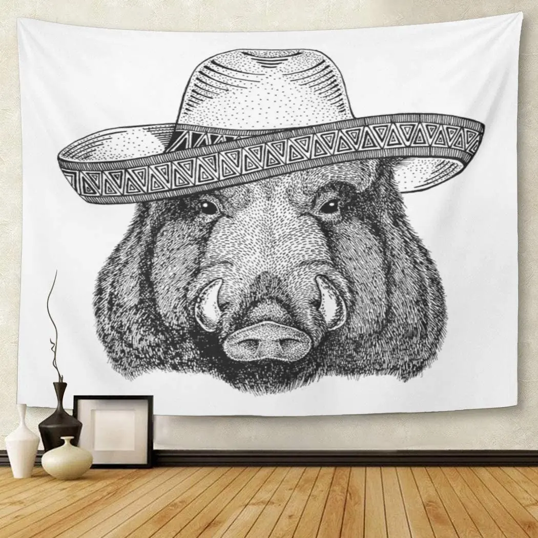 Badge APER Boar Hog Wild Animal Wearing Sombrero Mexico Fiesta Mexican Party West Character Drawing Tapestry Wall Hanging