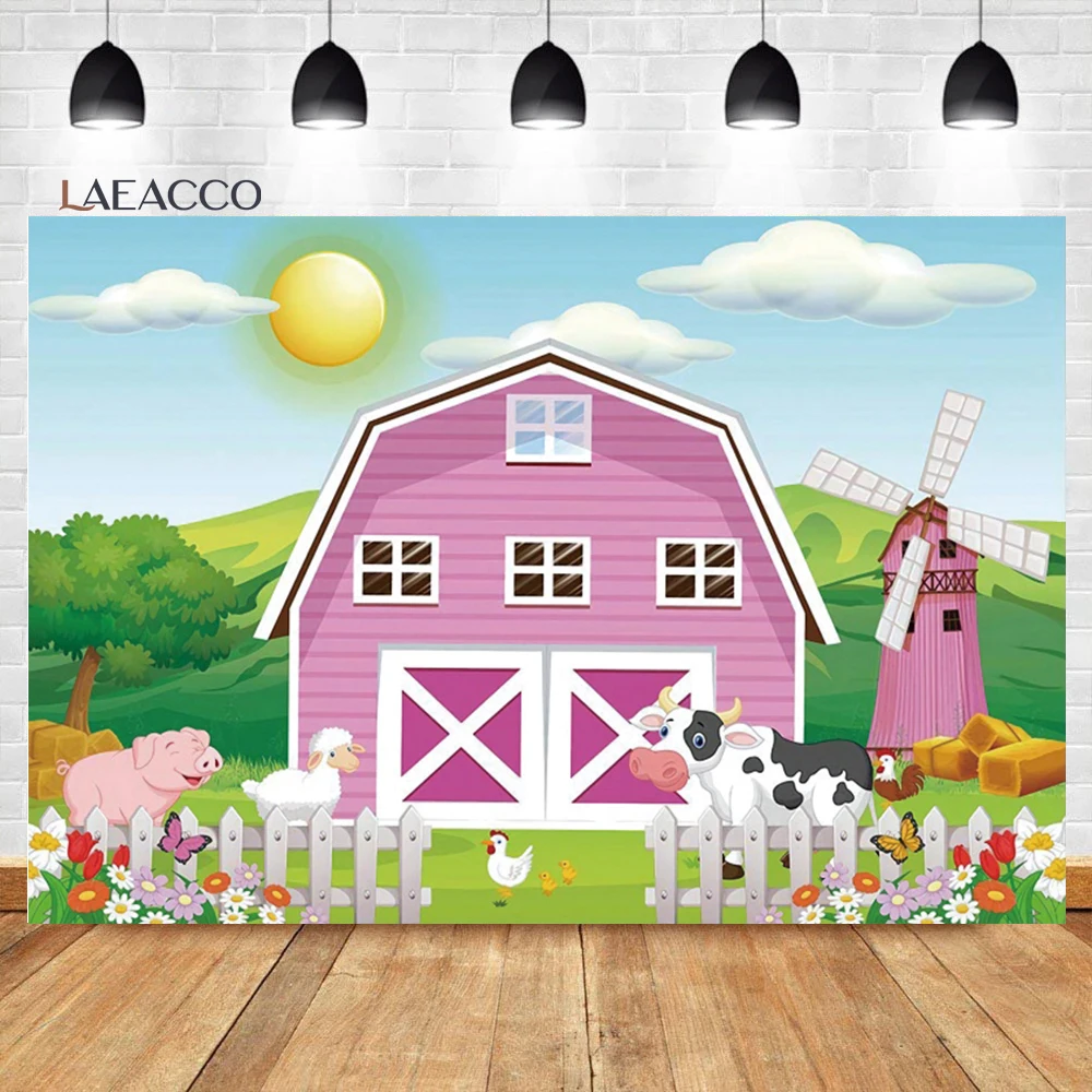 Laeacco Cartoon Bauernhof Geburtstag Hintergrund Rosa Scheune Nette Tiere Scarecrow Kinder Kind Portriat Angepasst Fotografie Hintergrund
