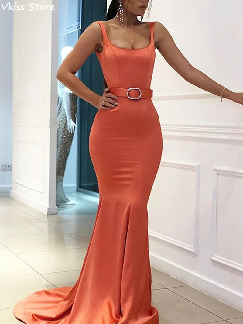 Oranje Avondjurk Mermaid Sweep Trein Satin Eenvoudige Elegante Spaghetti Strap Vierkante Hals Backless Prom Dress Вечернее Платье