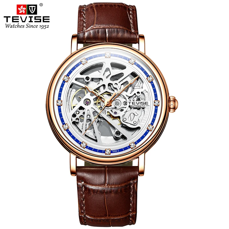 

TEVISE Mechanical Automatic Watches Mens Skeleton Leather Man Watch Waterproof Male Clock Classic Retro Wristwatches Mens T888A