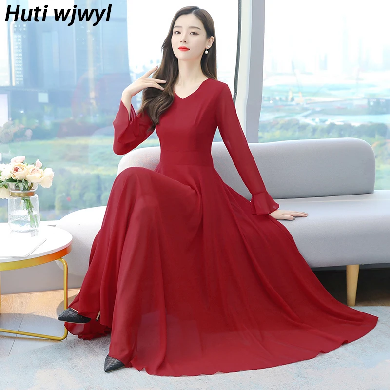 2024 Spring 8 Colors Chiffon Casual Boho Beach Maxi Dresses Autumn Solid Long Sleeve Party Dress Women Elegant Bodycon Vestidos