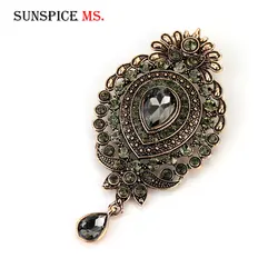 Sunspicems Vintage Turkish Crown Brooch Pins for Women Antique Gold Color Water Drop Resin Jewelry Ethnic Wedding Bridal Gift