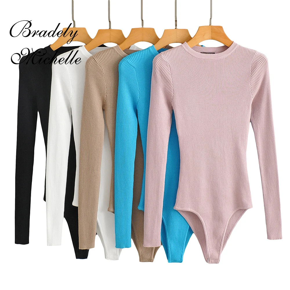 2021 Ladies New V-neck Knitted One-piece Solid Color Sexy Tight Long Sleeve O-neck Top Bodycon Bodysuits