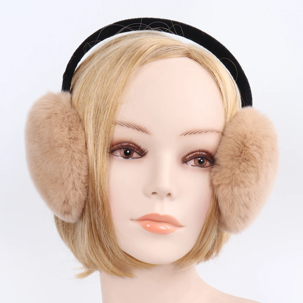 New Elastic Natural Rex Rabbit Fur Women Earmuffs Lady Winter Warm Rex Rabbit Fur Ear Muffs Russian Hand Plush Real Fur Earflap