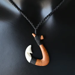 NGX060 Handmade Man Jewelry New Zealand Maori Tribes Pendant Yak Bone Wood Fish Hook  Hemp Rope Weaving winding Necklace Surfing