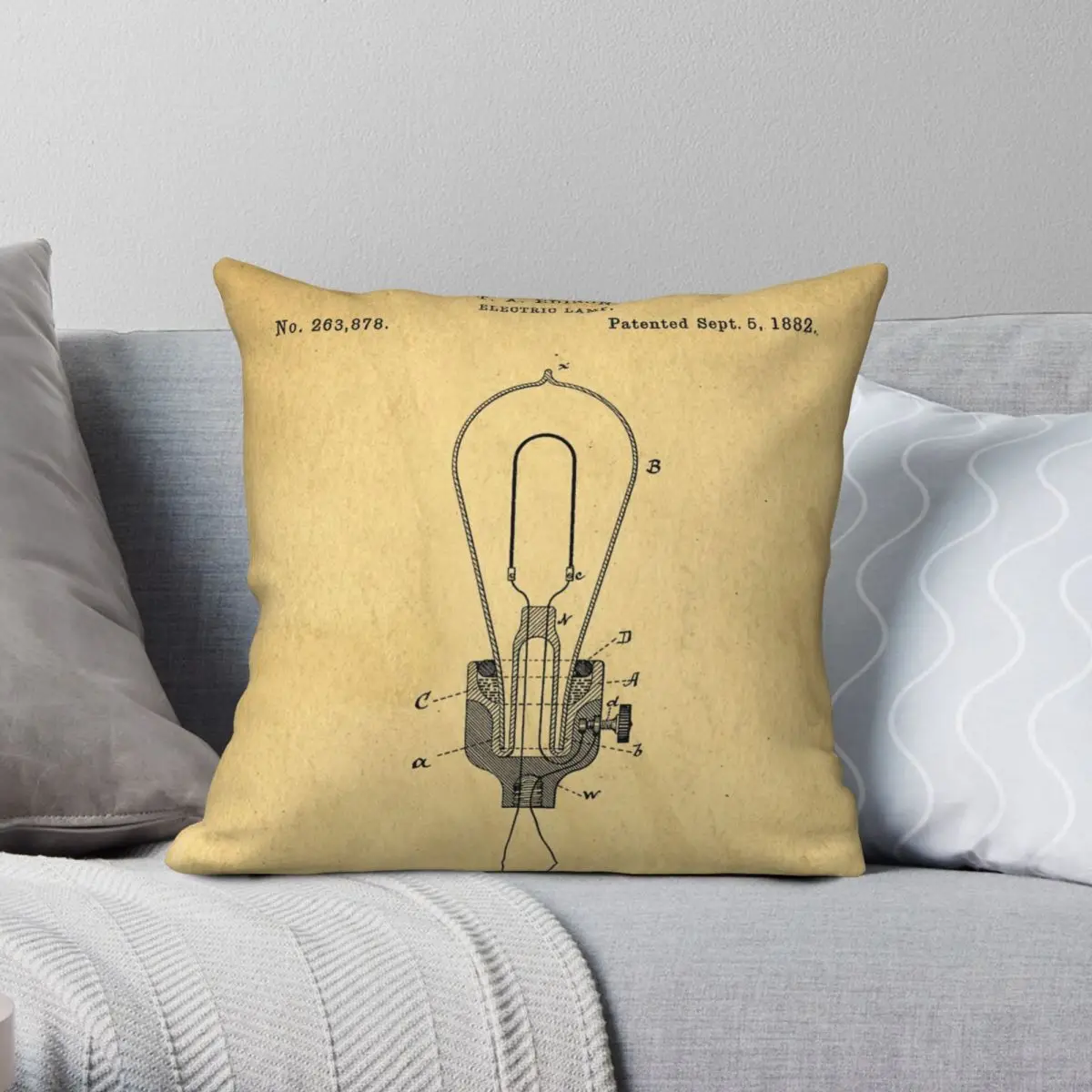 Edison Light Bulb Patent Art Square Pillowcase Polyester Linen Velvet Creative Zip Decorative Sofa Seater Cushion Cover 18