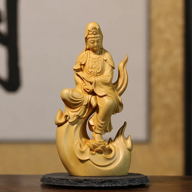 

Boxwood 13cm Guanyin Sculpture Wood Carving Buddha Statue Collection Home Decor