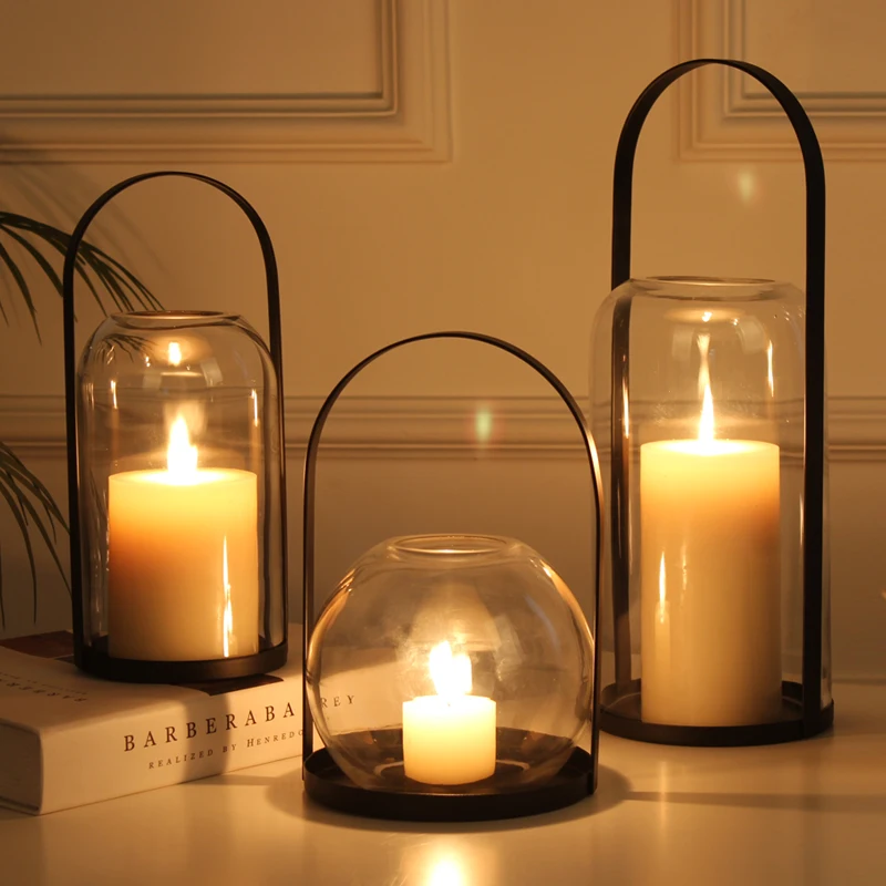 Wrought Iron Portable Glass Candle Holder Decoration Home Romantic Candle Light Dinner Props Creative Bar Aroma Diffuser Cover