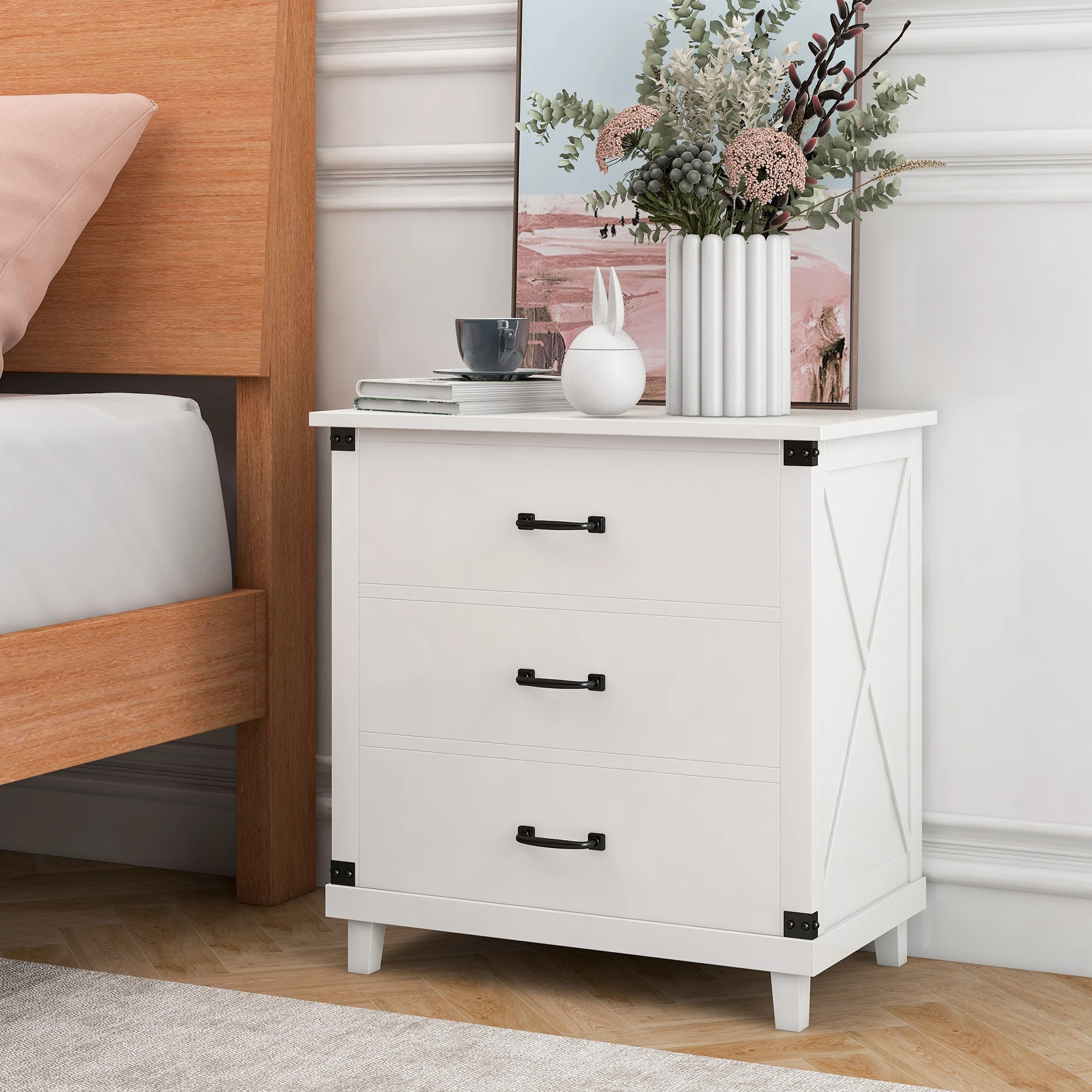 Two Colors  Modern Bedroom Nightstand with 3 Drawers Storage ,