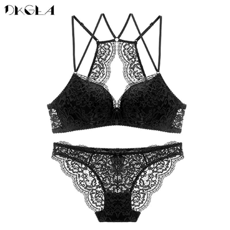 2020 Beautiful Back Bra Set Thin Cotton Brassiere Embroider Black Sexy Underwear Set For Women Bras Wire Free Lace Lingerie Set