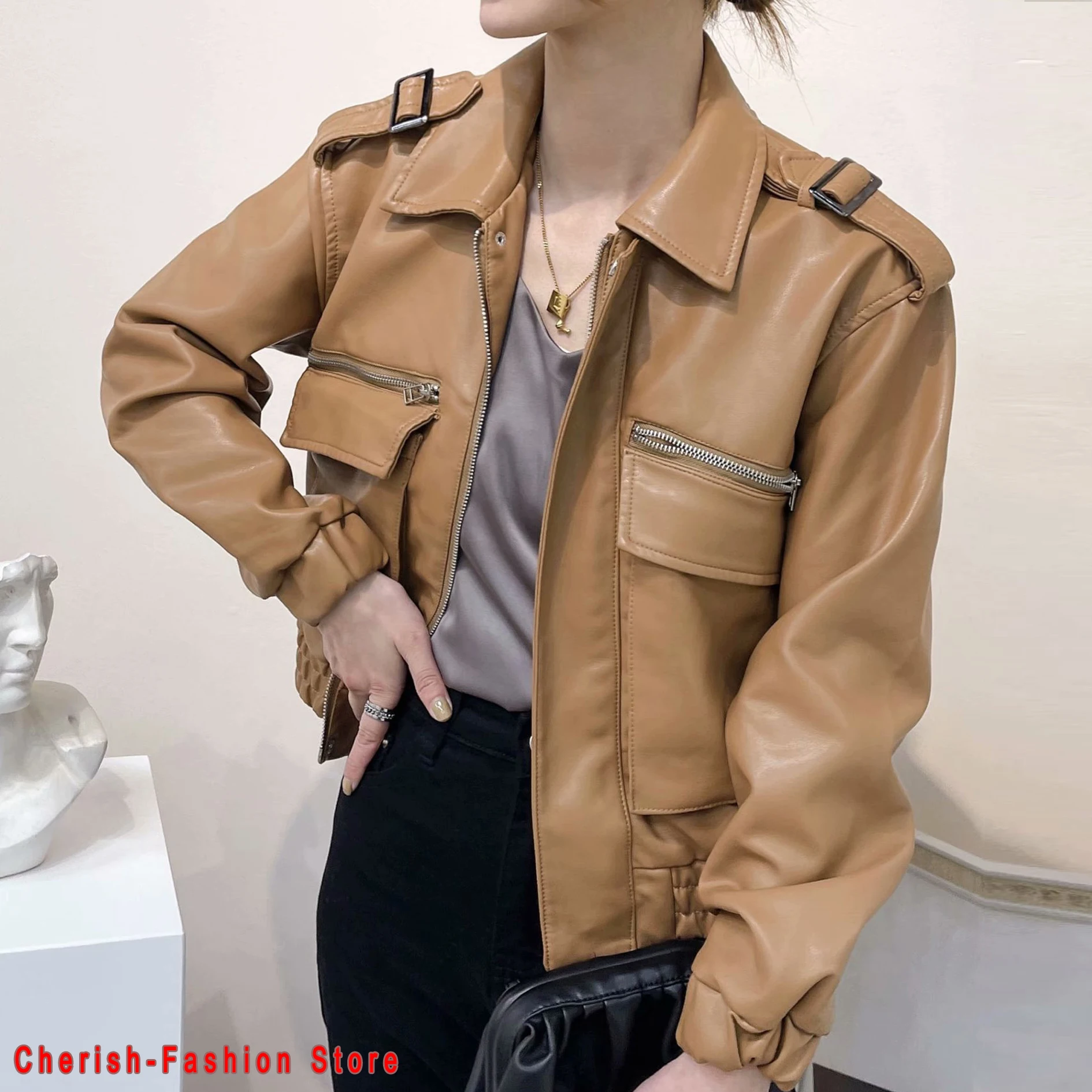 New Women Spring Autumn Black Faux Leather Jackets Zipper Basic Coat Turn-down Collar Motor Biker Jacket Motorcycle leather Coat