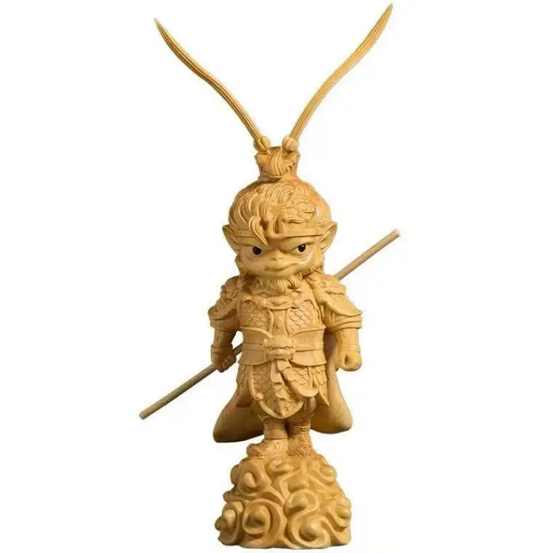 Boxwood Woodcarving Cartoon Walking on the Cloud, Wukong Ornaments, Creative Desktop, Solid Wood, Handmade Gifts, Monkey King