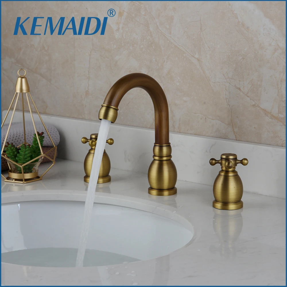 

Basin Faucets Luxury Antique Brass/Black Deck Mounted Bathroom Faucet 3 Pcs Double Handle Lavatory Sink Mixer Taps