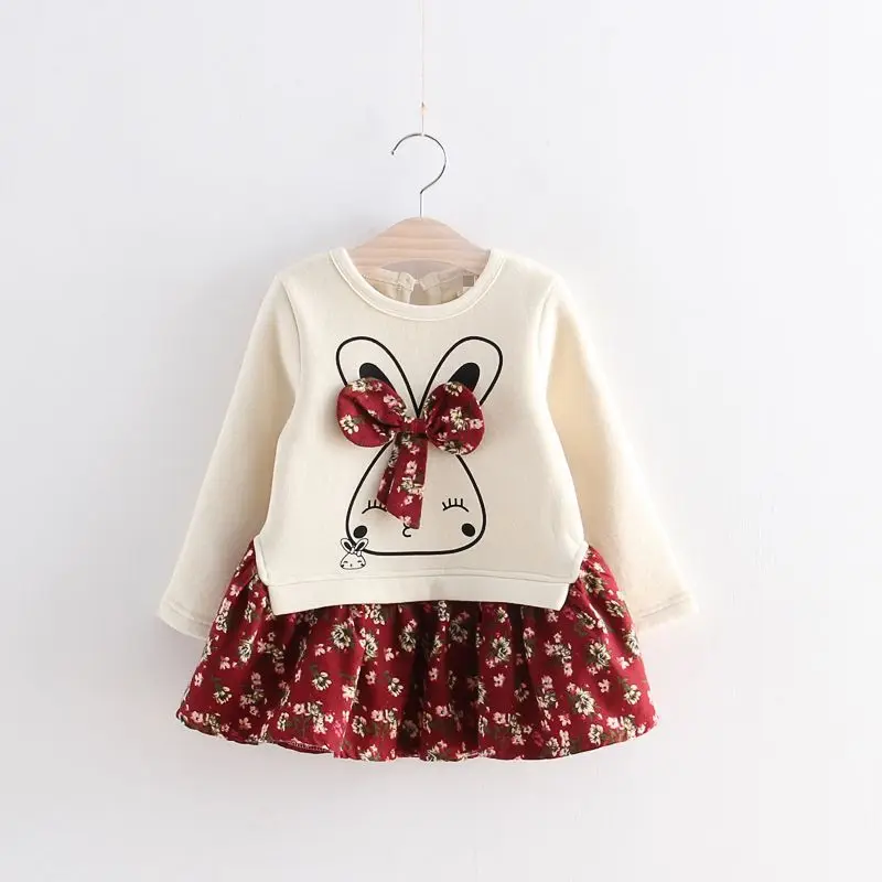 Autumn And Winter Warm Dress Children\'S Casual Clothing Cute Cartoon Floral Bow And Velvet Stitching Mini Dress For Little Girls