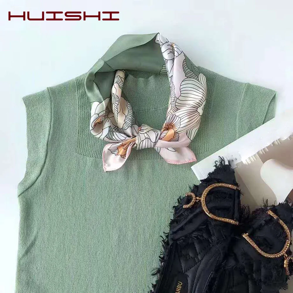 

HUISHI Women Scarf Bandana Square Silk Head Hair Ladies Scarfs For Women Flower Leaves Botany Designer Designers Styles Scarves